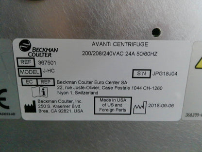Beckman Coulter Avanti J-HC High-Capacity Refrigerated Floor Centrifuge w/Rotor