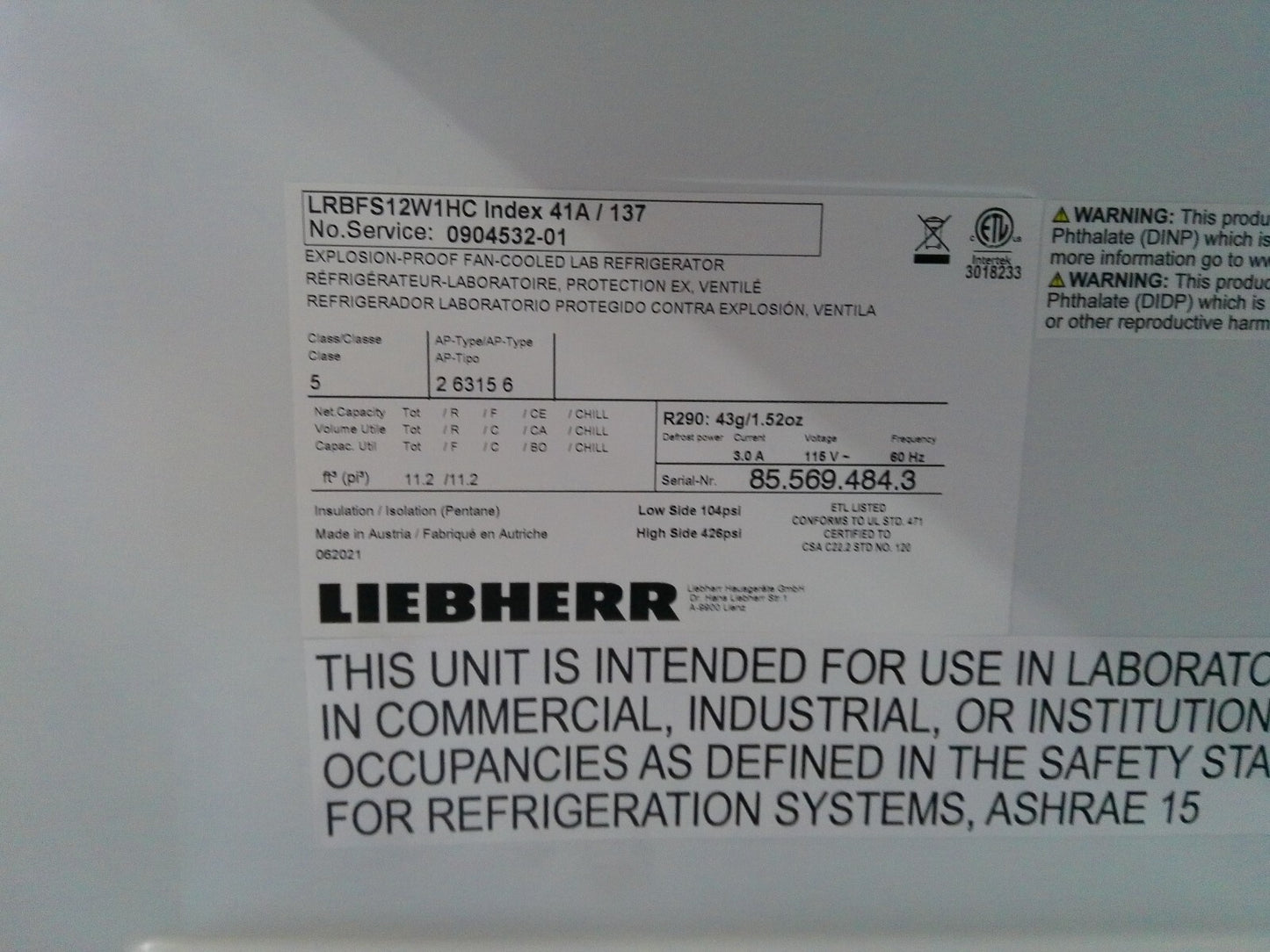 Liebherr LFBFS12W1HC Mediline Flammable Materials +4C Refrigerator 12Cf 120v