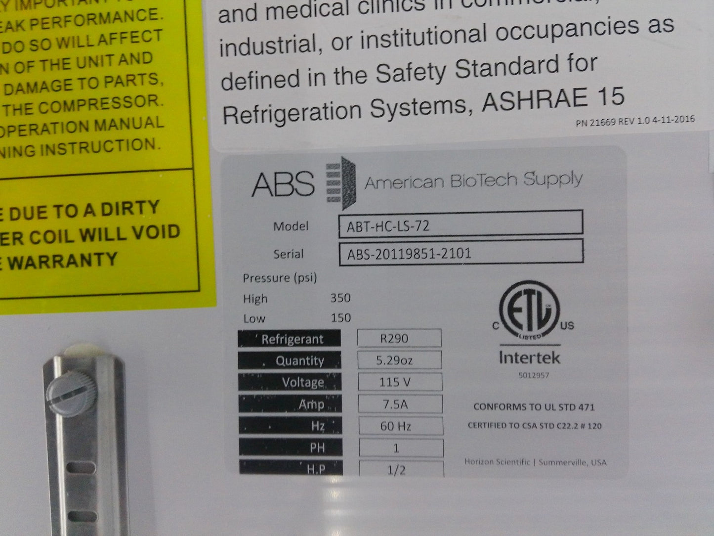 ABS American Biotech Supply 3 Glass Door Commercial Refrigerator 72Cf (2011)