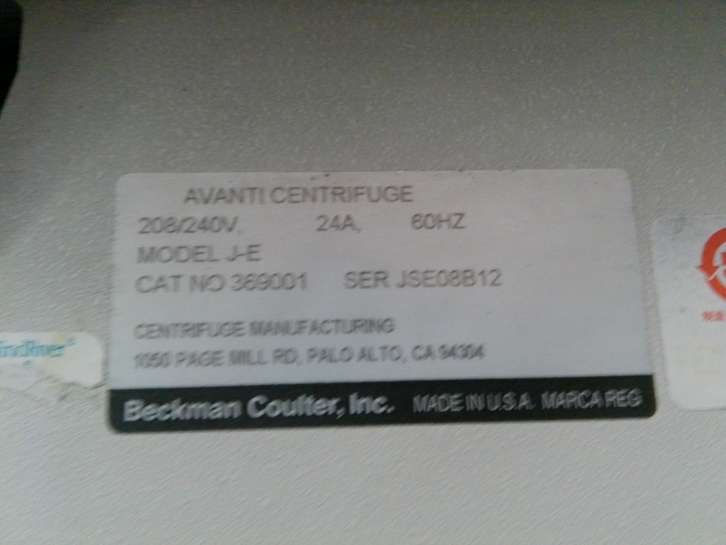 Beckman Avanti J-E Refrigerated Floor Centrifuge w/ JLA 10.500 Rotor 208v Tested