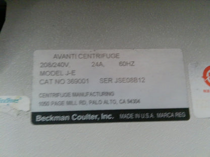 Beckman Avanti J-E Refrigerated Floor Centrifuge w/ JLA 10.500 Rotor 208v Tested