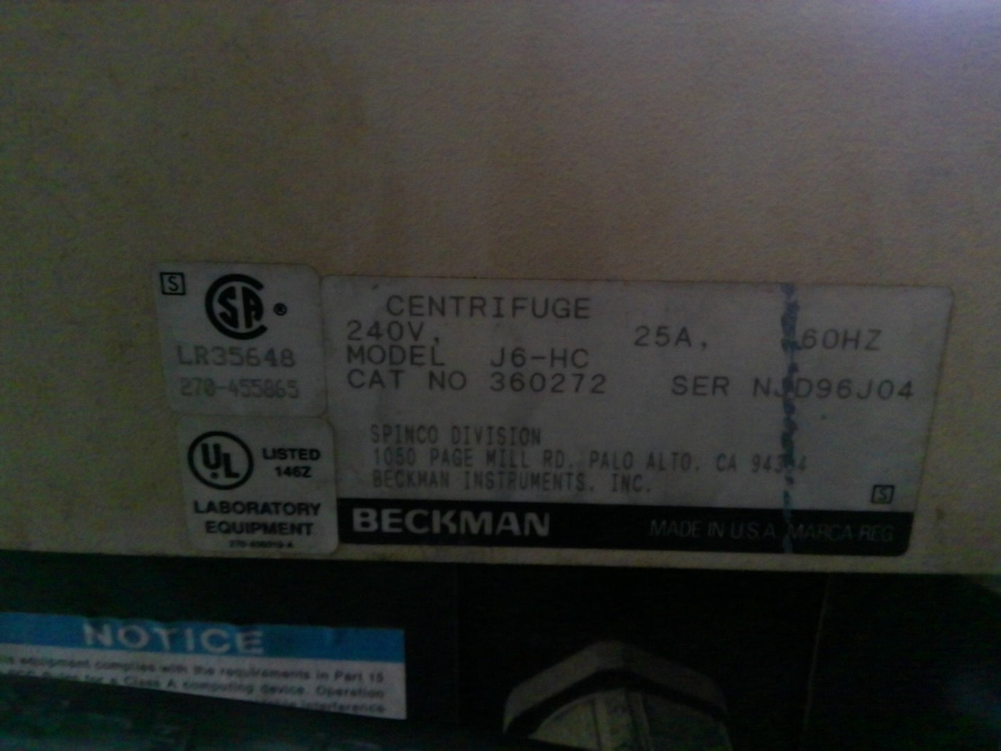 Beckman J6-HC Refrigerated Floor Centrifuge w/ JS-4.2 Rotor & Buckets 240v