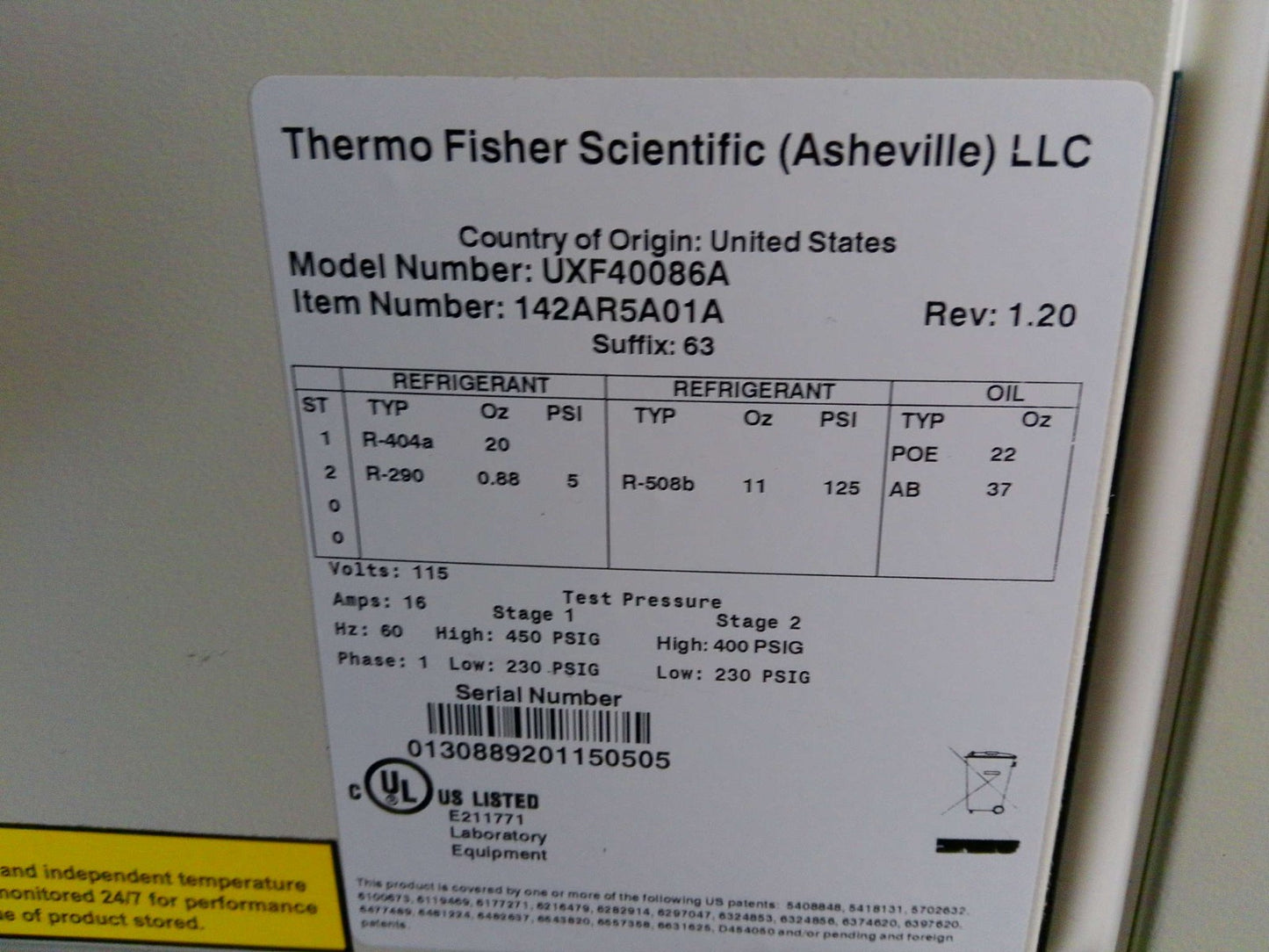 Thermo Scientific UXF40086A -86C Ultra Low Freezer 19.4Cf 120v FULLY TESTED