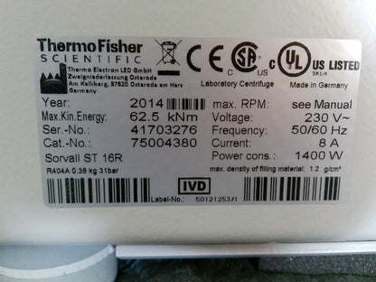 Thermo Sorvall ST16R Refrigerated Benchtop Centrifuge W/Rotor, Buckets, Inserts