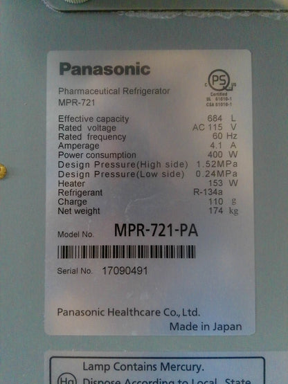 Panasonic MPR-721-PA +4C Laboratory Refrigerator 24.2Cf 120v FULLY TESTED (2017)