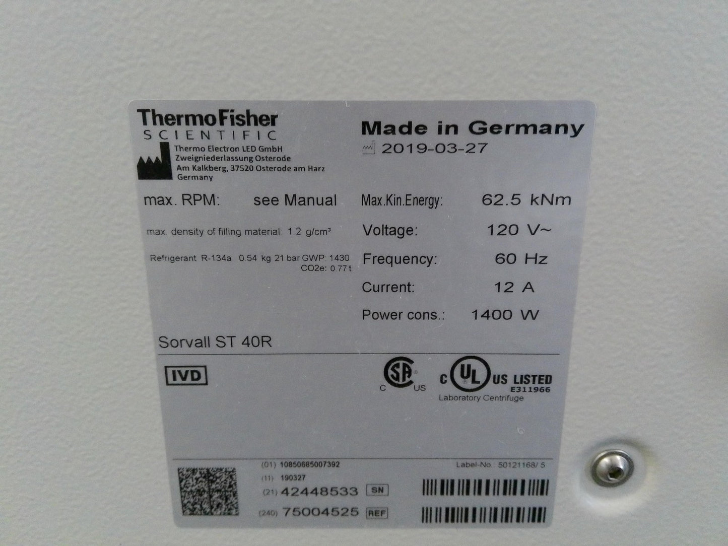 Thermo Sorvall ST 40R Refrigerated Benchtop Centrifuge w/Rotor, Buckets, Inserts