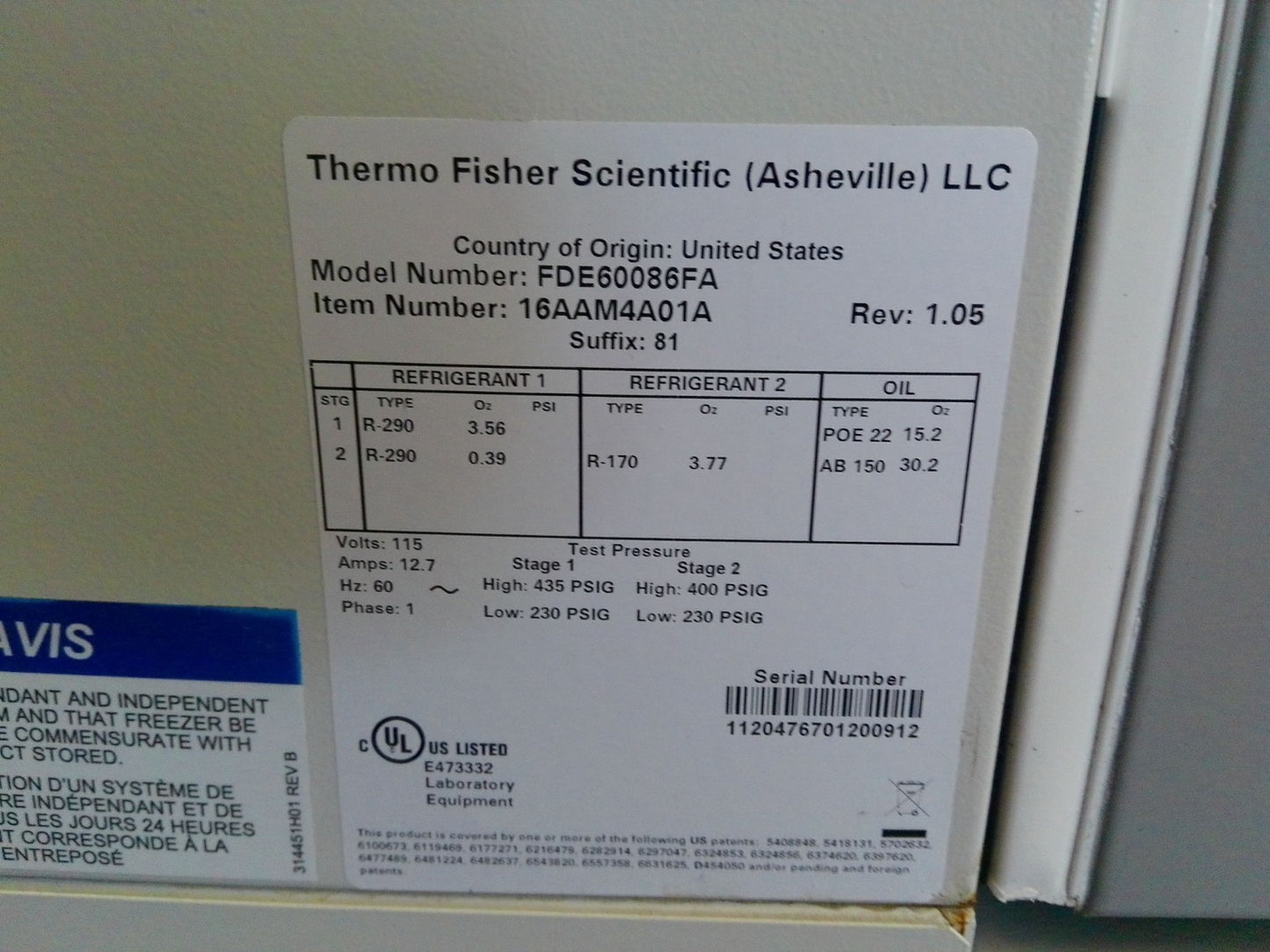 Thermo Scientific FDE60086FA -86C Ultra Low Freezer 28.8Cf (2020) FULLY TESTED