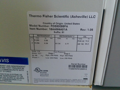 Thermo Scientific FDE60086FA -86C Ultra Low Freezer 28.8Cf (2020) FULLY TESTED