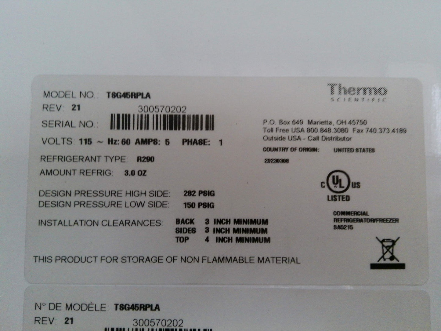 Thermo Scientific TSG45RPLA Double Door Laboratory Refrigerator 45Cf (2023)