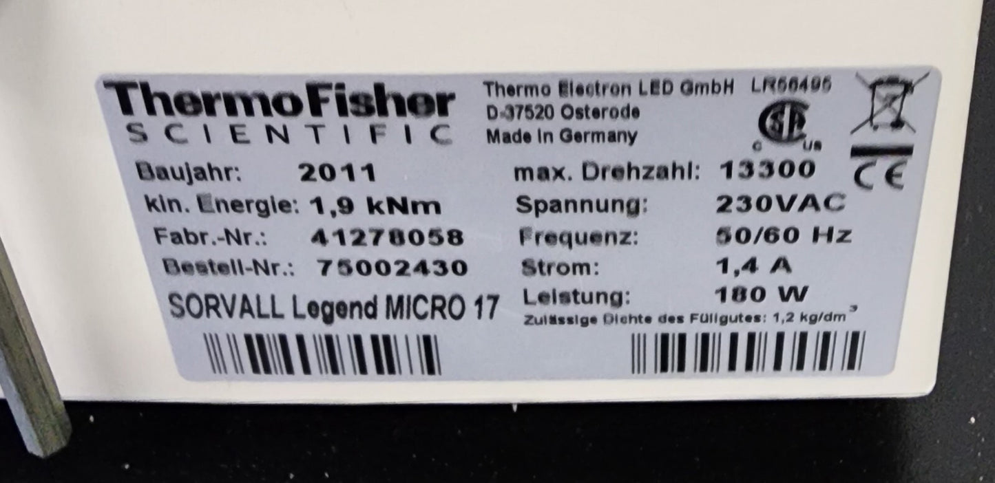 Thermo Scientific Sorvall Legend Micro 17 Centrifuge, Missing Rotor Lid