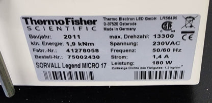 Thermo Scientific Sorvall Legend Micro 17 Centrifuge, Missing Rotor Lid