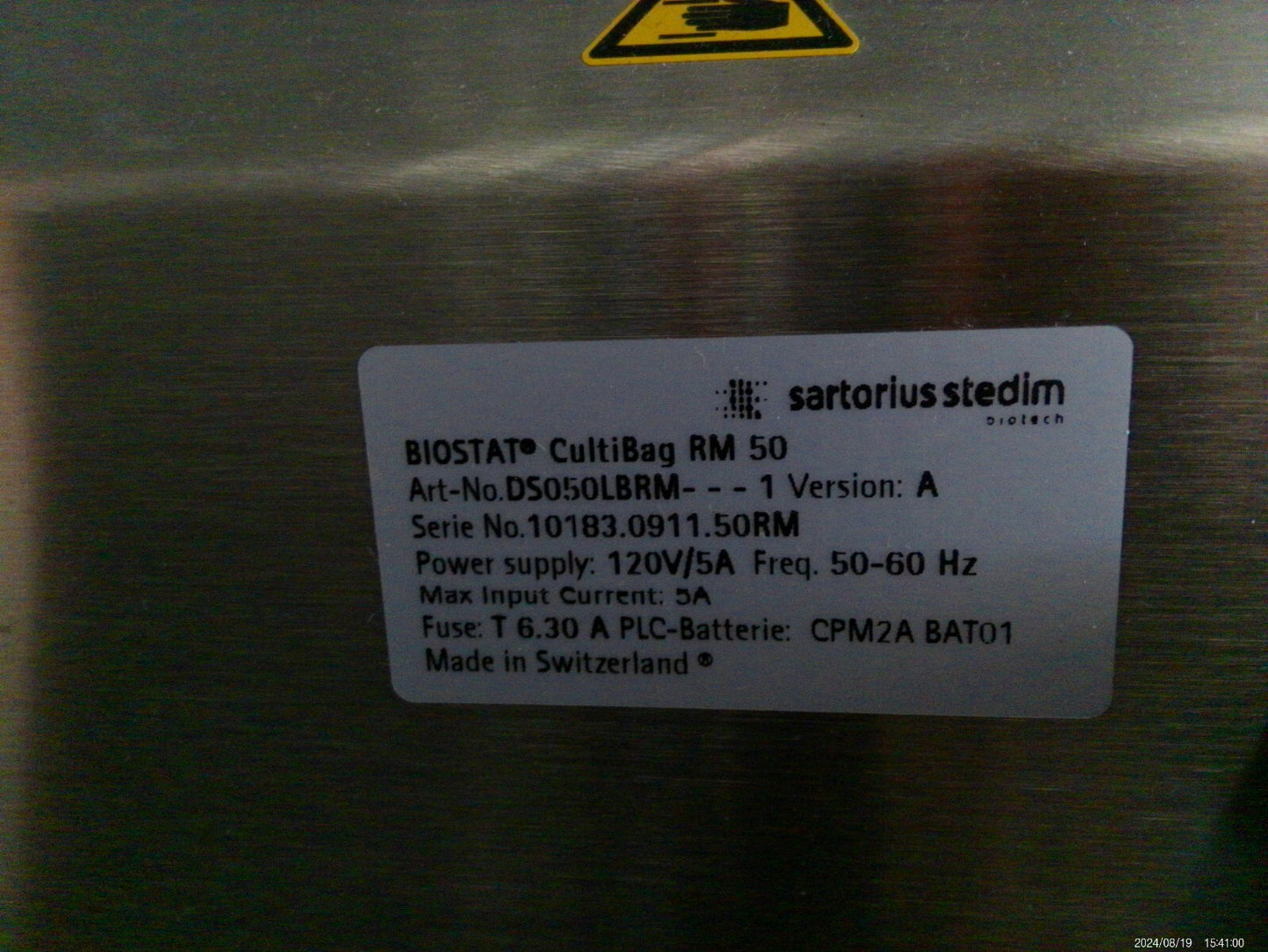Sartorius DS050LBRM BIOSTAT BR-006 CultiBag RM50 Bioreactor w/Extras & Lid