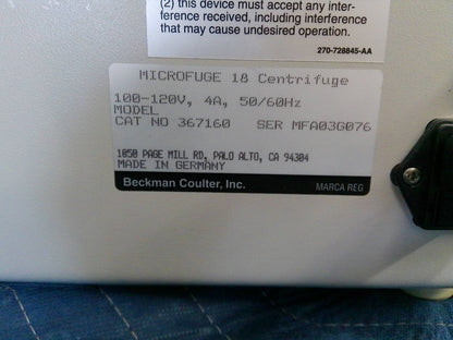 Beckman Coulter Microfuge 18 Benchtop Centrifuge w/ Fixed Angle Rotor TESTED