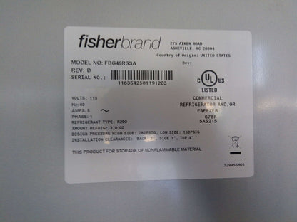 FisherBrand FBG49RSSA Isotemp Double Door Laboratory +4C Refrigerator 49Cf