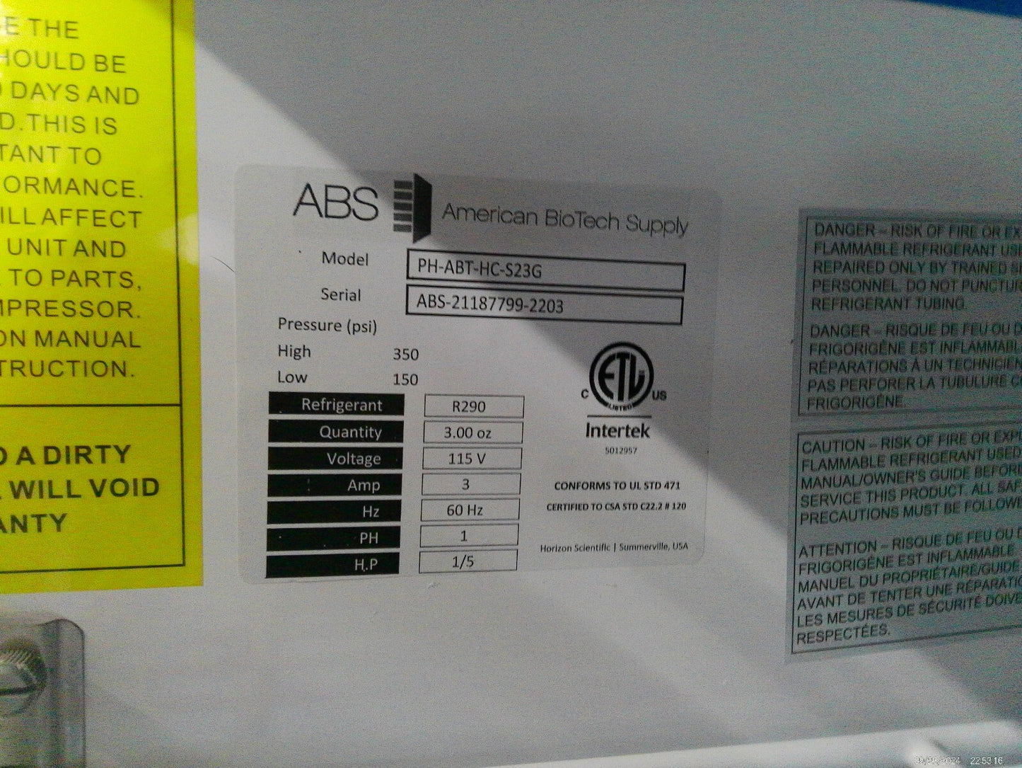 ABS American Biotech Supply PH-ABT-HC-S23G +4C Laboratory Refrigerator 23Cf 120v
