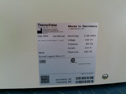 Thermo Scientific Sorvall Legend Micro 21 Centrifuge w/ 75003424 Rotor