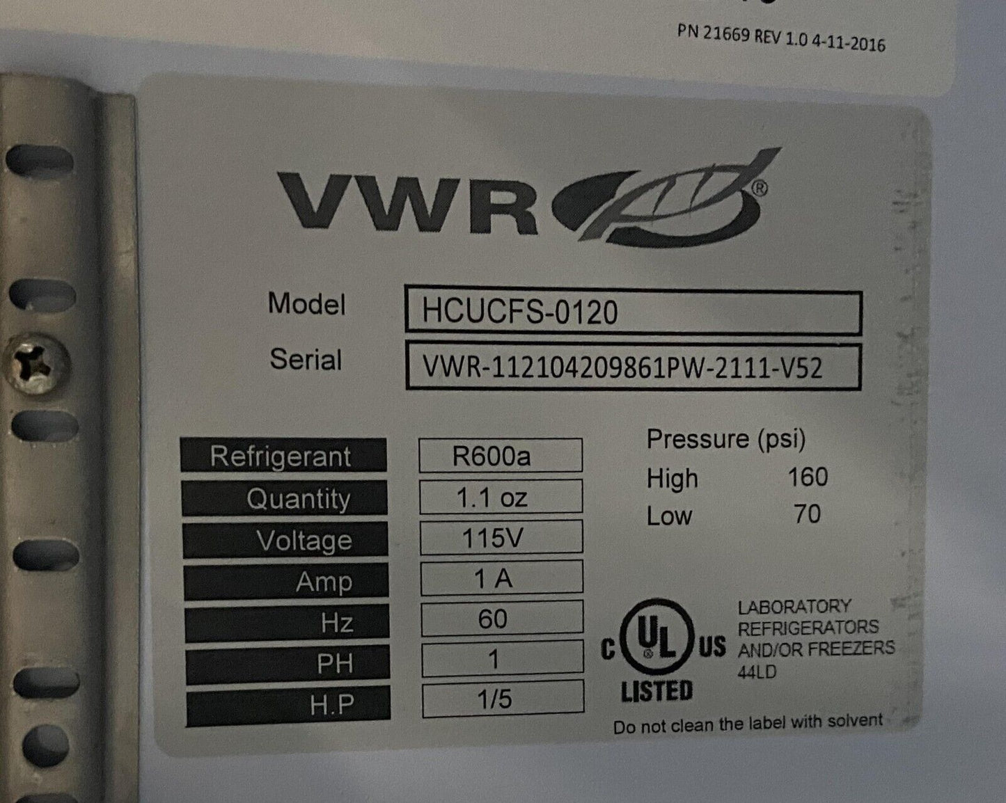VWR HCUCFS-0120 Undercounter -20 C Commercial Freezer 1.3Cf, 120v, FULLY TESTED