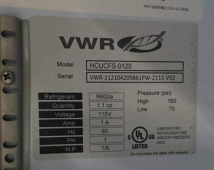 VWR HCUCFS-0120 Undercounter -20 C Commercial Freezer 1.3Cf, 120v, FULLY TESTED