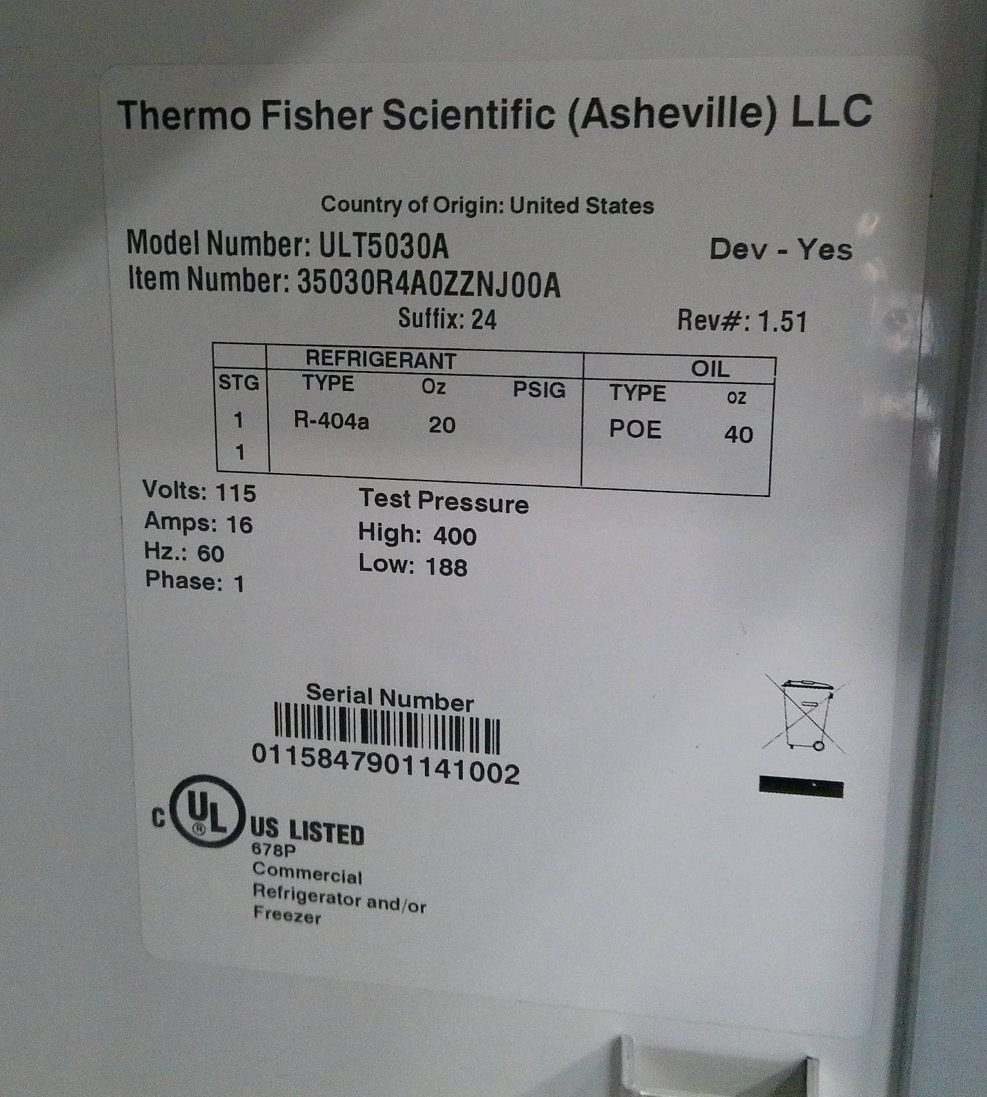 Thermo Scientific ULT5030A Double Door -30C Laboratory Freezer 51.1Cf (2014)