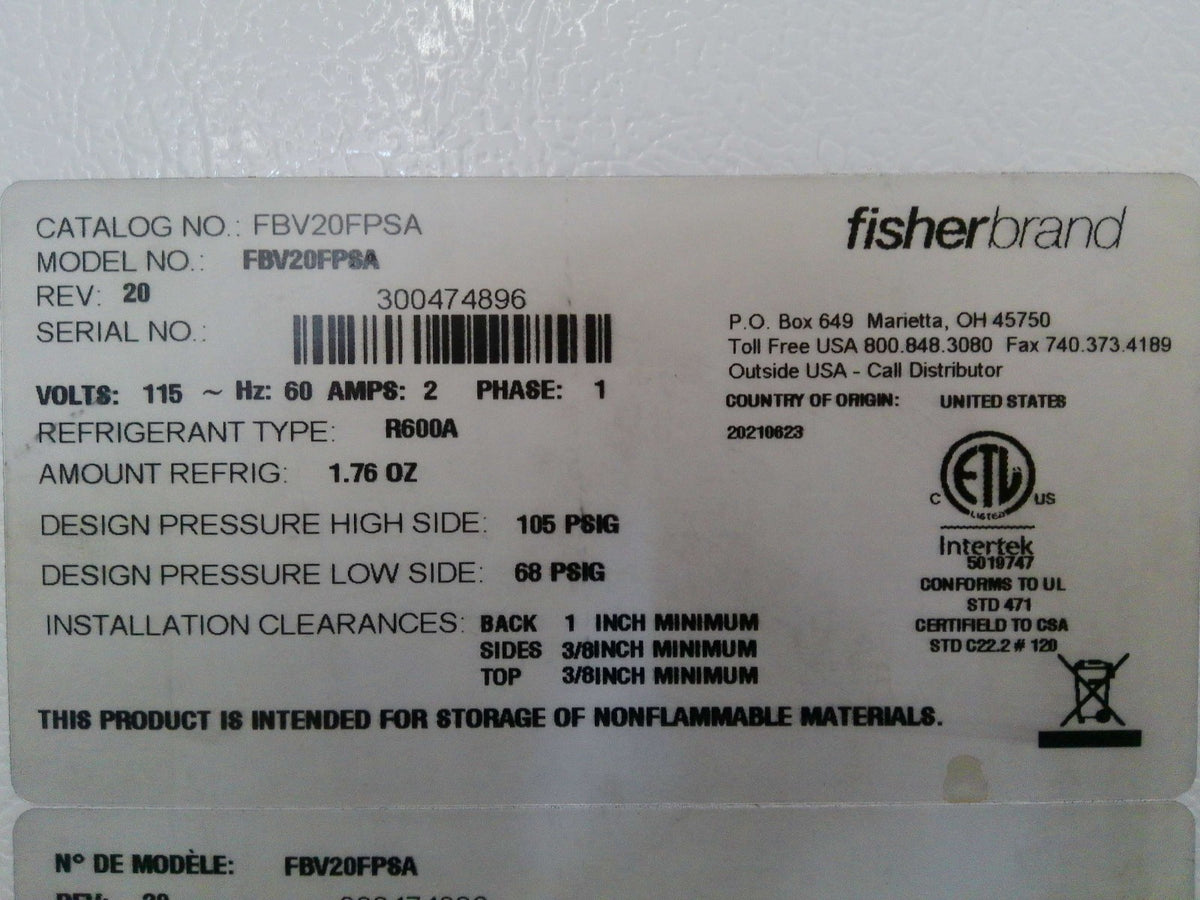 Fisherbrand Isotemp FBV20FPSA Laboratory -20C Freezer 20cf 120v TESTED