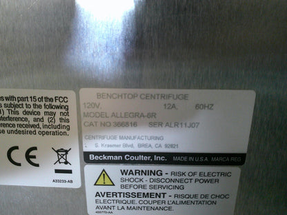 Beckman Allegra 6R Refrigerated Benchtop Centrifuge w/Rotor, FULLY TESTED