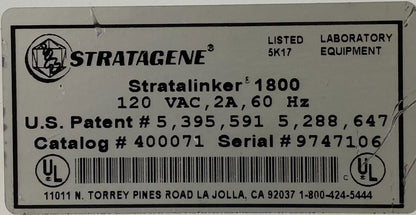Stratagene 400071 Stratalinker 1800 Crosslinker Cabinet - NO UV BULBS