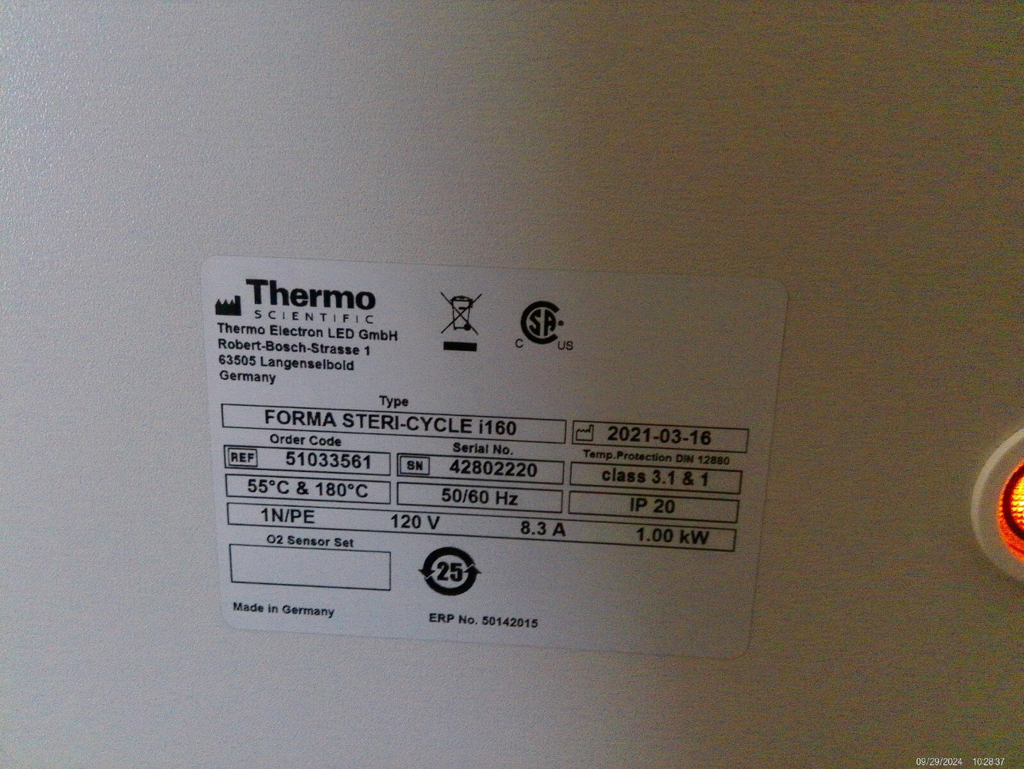 Thermo Stericycle i160 CO2 Incubator Oven w/ Rolling Platform 120v