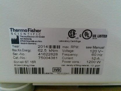 Thermo Sorvall ST16R Refrigerated Benchtop Centrifuge w/ Rotor, Buckets, Inserts