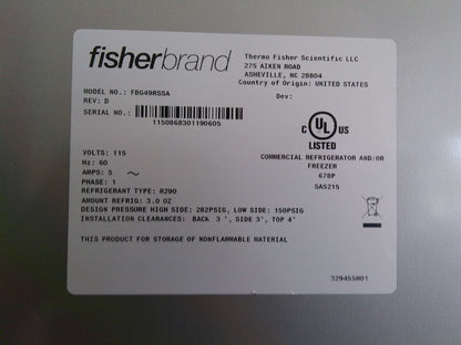 FisherBrand FBG49RSSA Isotemp Double Door Laboratory +4C Refrigerator 49Cf