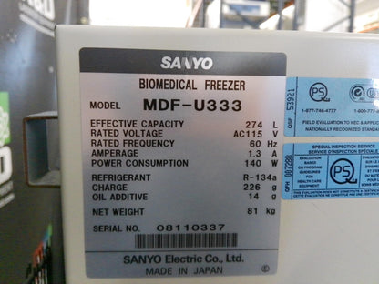 Sanyo MDF-U333 -20C Laboratory Freezer 9.7Cf FULLY TESTED