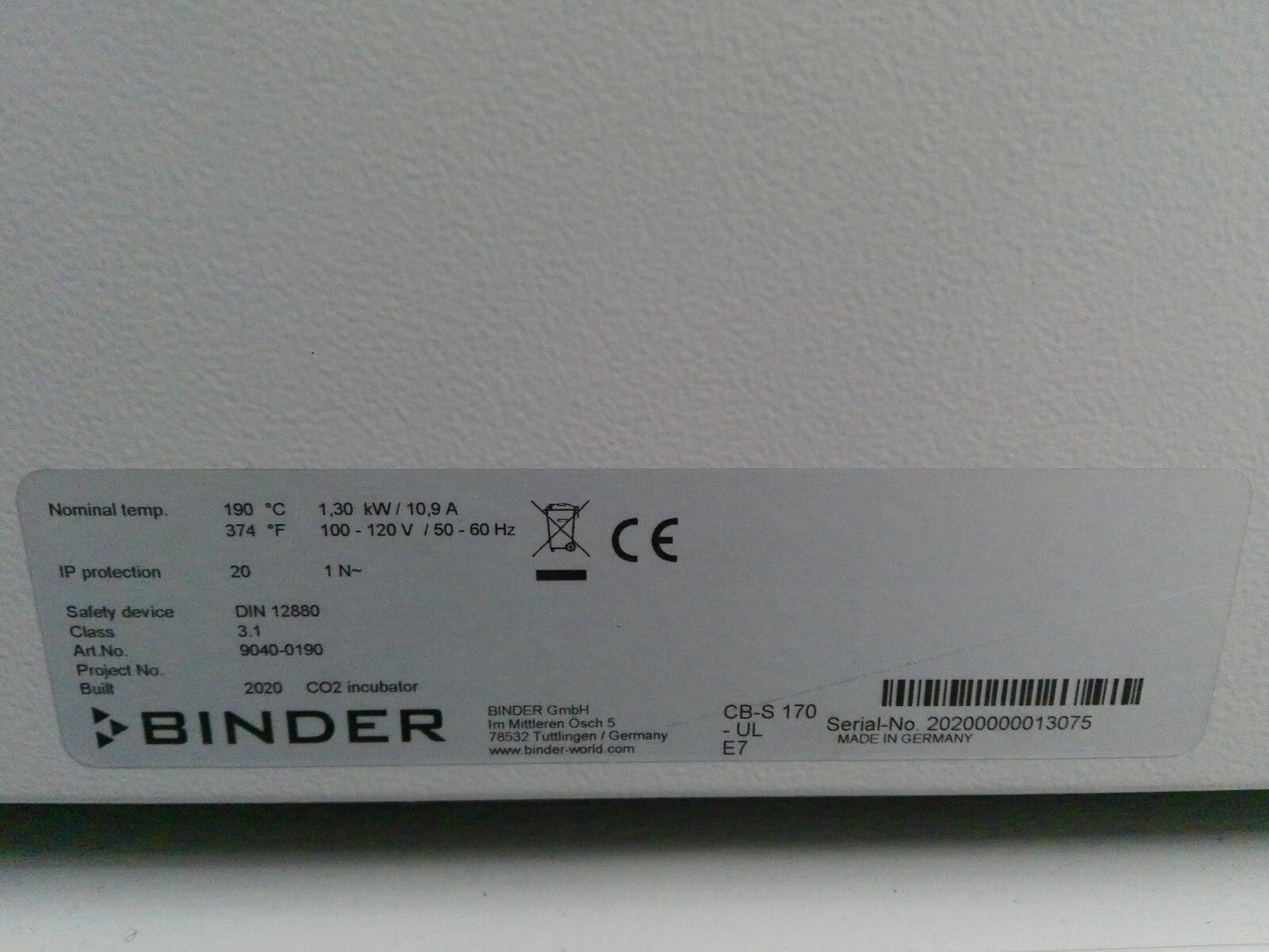 Binder CO2 Double Stack Incubator CB-S 170 With Hot Air Sterilization & Casters