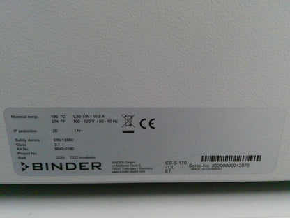Binder CO2 Double Stack Incubator CB-S 170 With Hot Air Sterilization & Casters