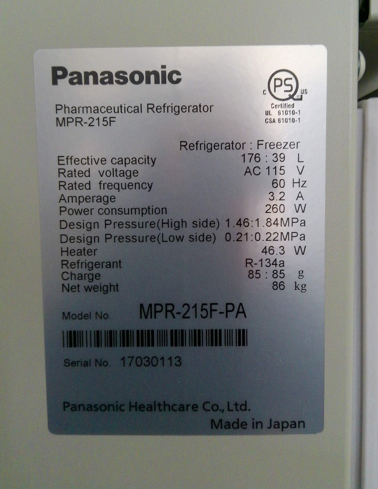 Panasonic MPR-215F Laboratory Refrigerator/Freezer Combo 7.6Cf (2017)