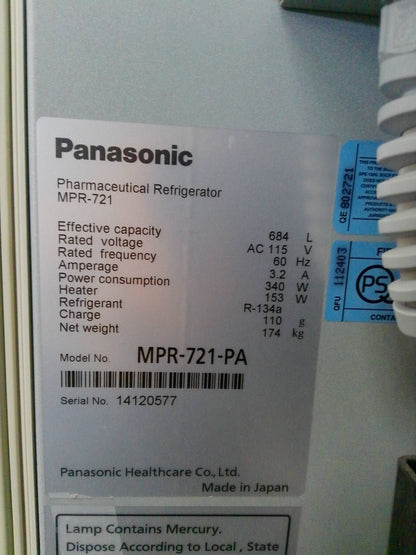Panasonic MPR-721-PA +4C Laboratory Refrigerator 24.2Cf 120v FULLY TESTED (2014)