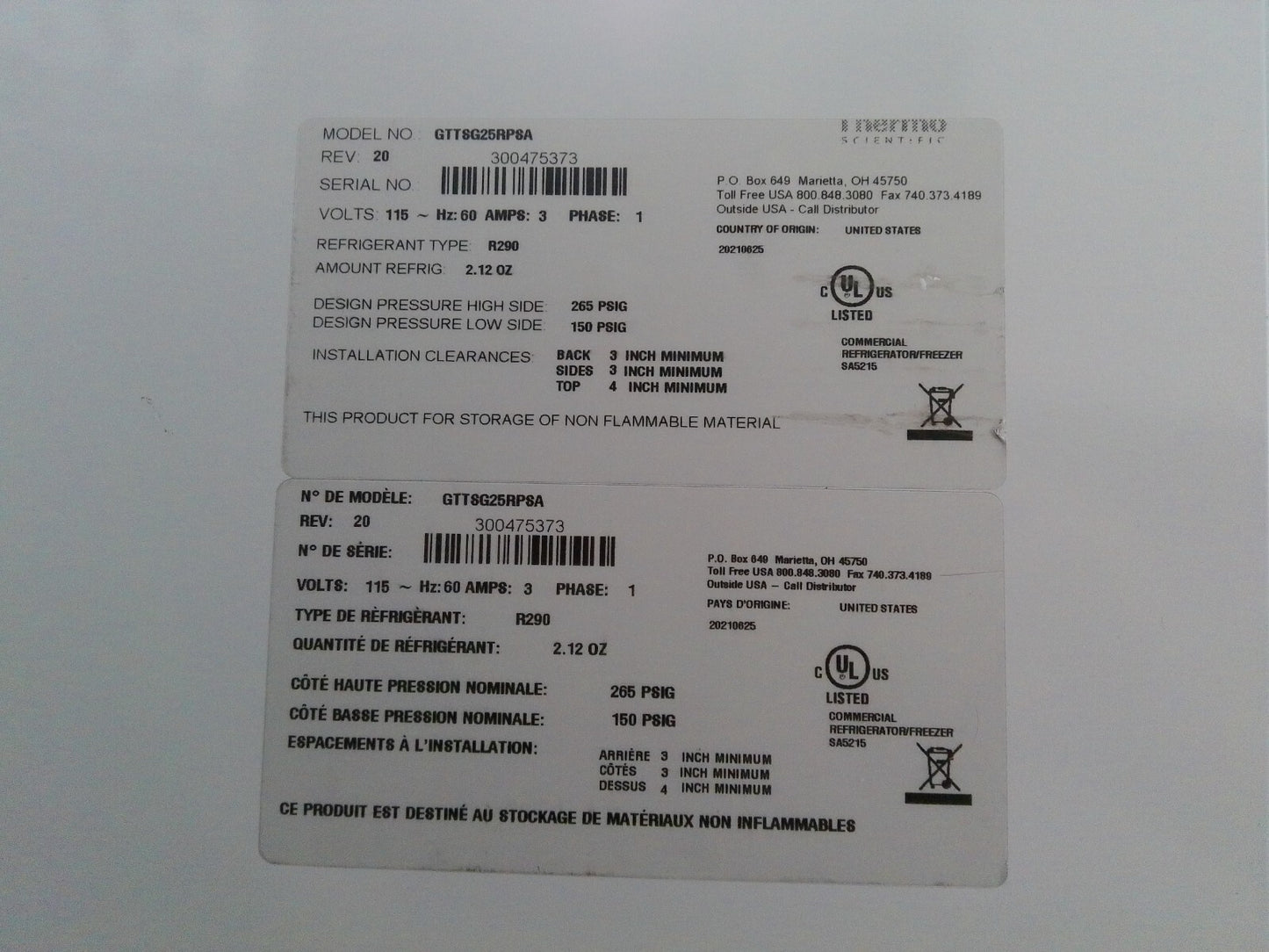 Thermo Scientific GTTSG25RPSA +4C Laboratory Refrigerator 23Cf 120v