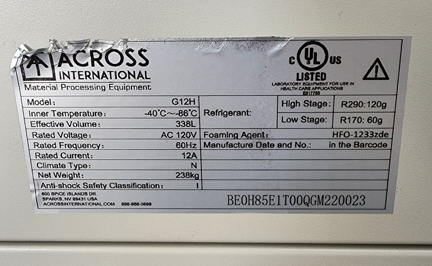 Across International -86 C (2021) Ultra Low Freezer  12Cf, 120v, FULLY TESTED