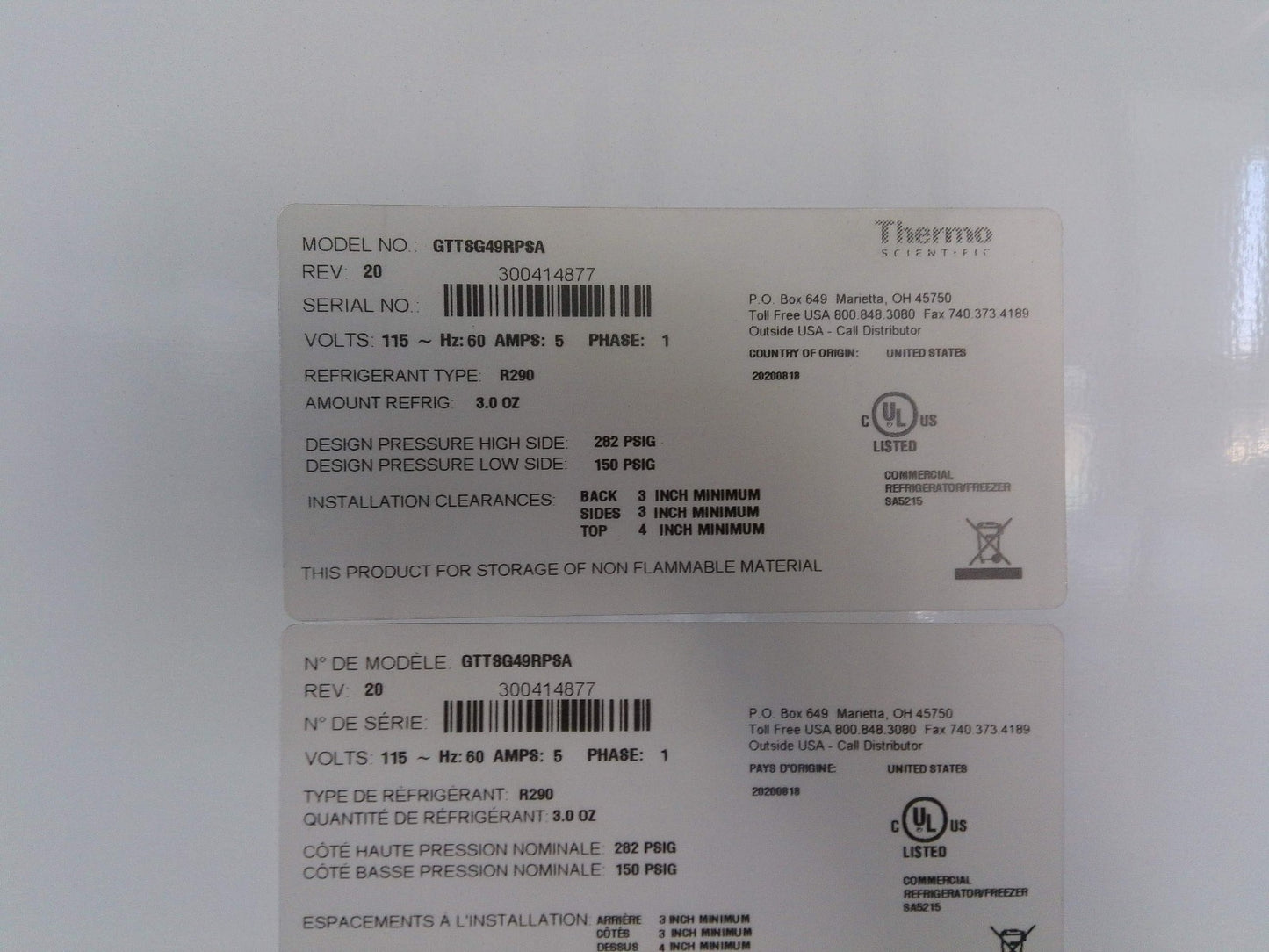 Thermo Scientific GTTSG49RPSA Double Door Laboratory +4C Refrigerator 49Cf