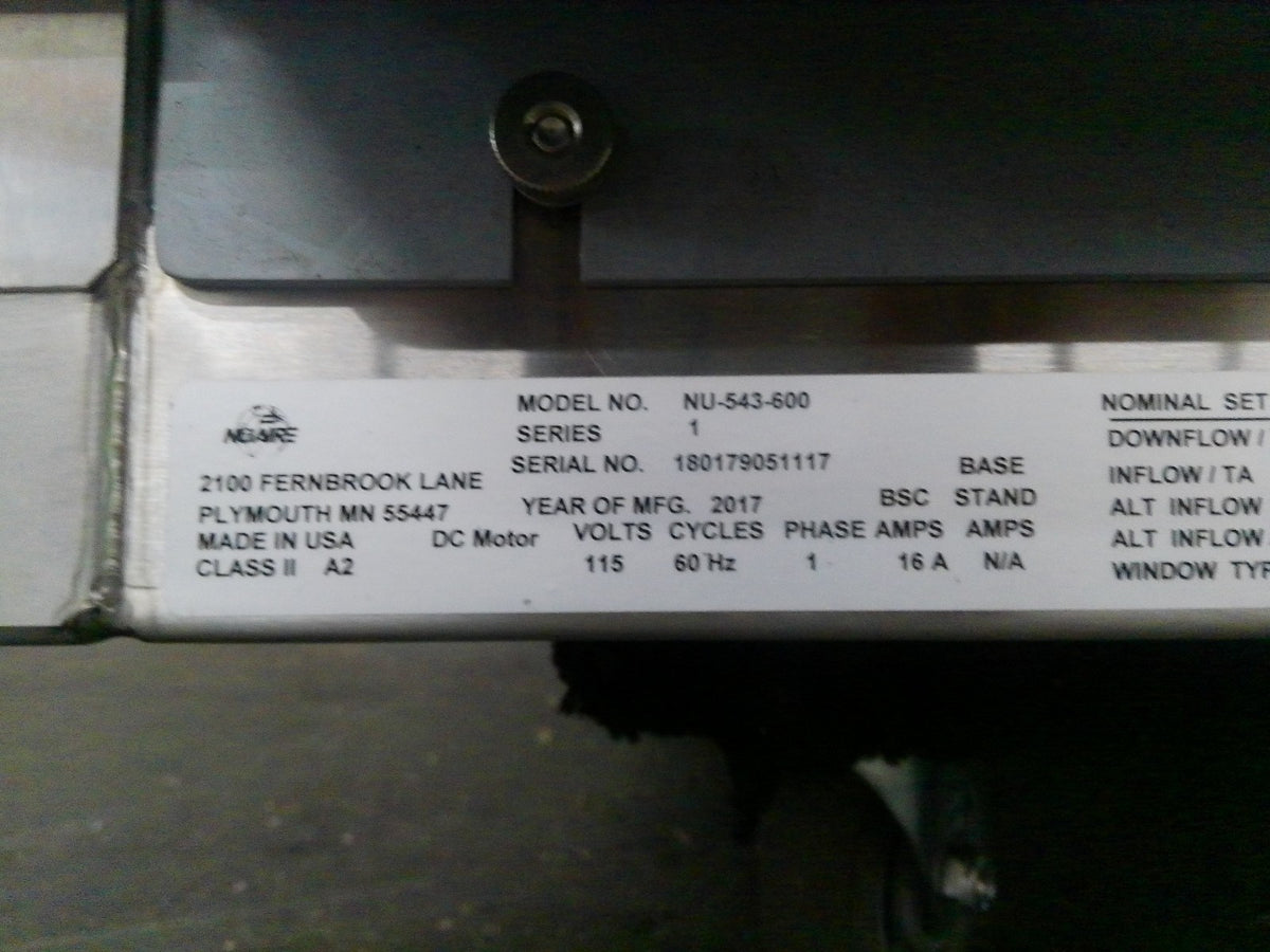 Nuaire 6ft 543-600 A2 Biosafety/Biological Safety Cabinet w/UV & Stand +Warranty