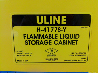 Uline H-14177S-Y Flammable Storage Cabinet Self Closing Doors 22 Gal