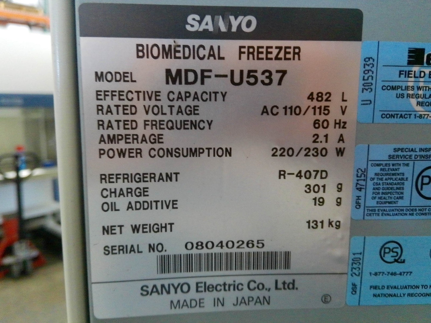 Sanyo MDF-U537 Two-Door Biomedical -30C Lab Freezer 17Cf 120V FULLY TESTED