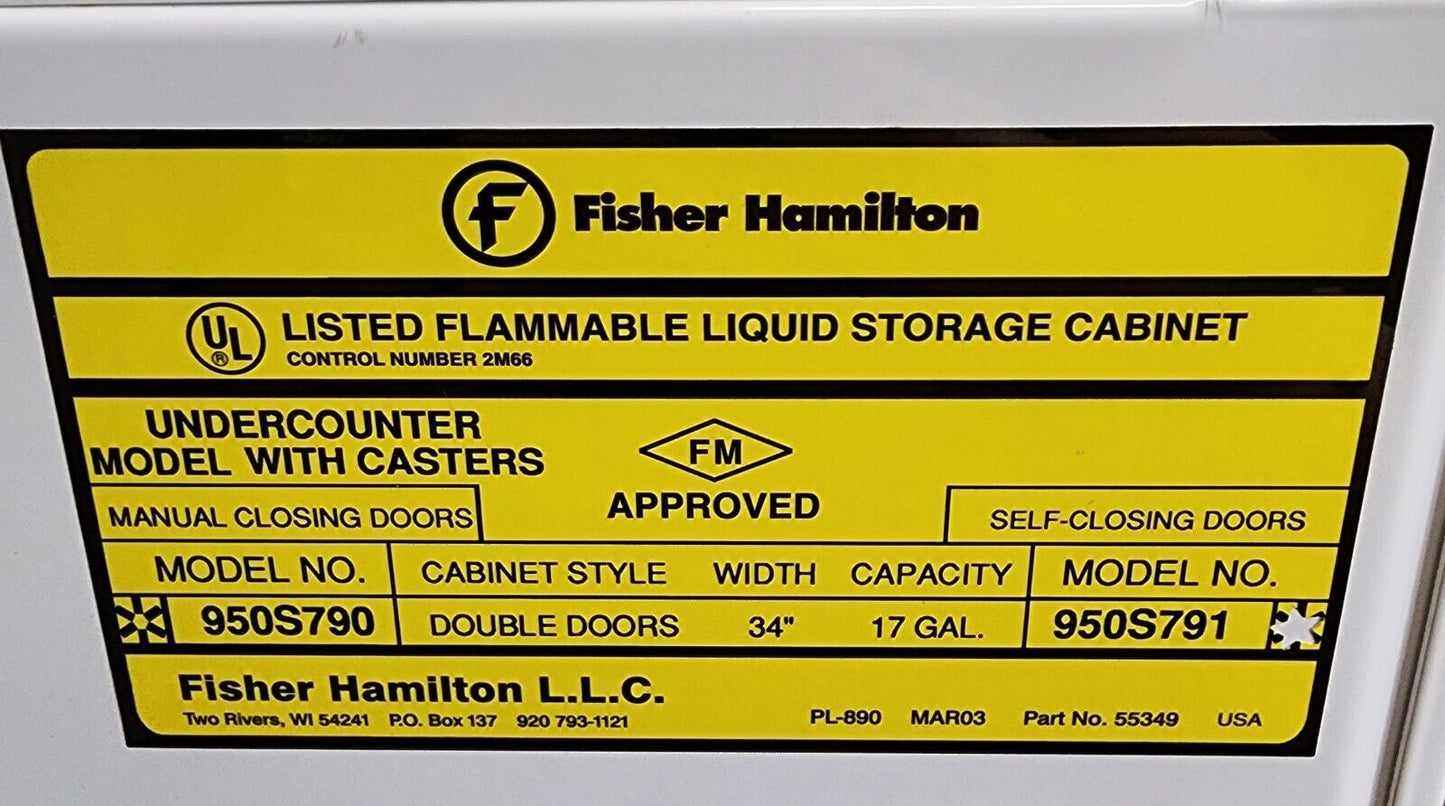 Fisher Hamilton 950S791 Flammable Storage Cabinet w/ Self Closing Doors 17 Gal.