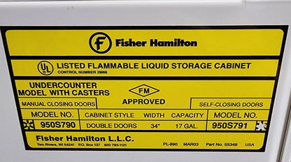 Fisher Hamilton 950S791 Flammable Storage Cabinet w/ Self Closing Doors 17 Gal.
