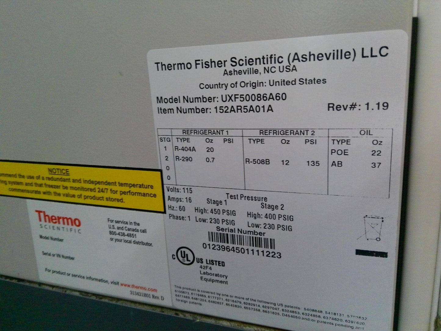 Thermo Scientific UXF50086A60 -86C Ultra Low Freezer 24.Cf FULLY TESTED
