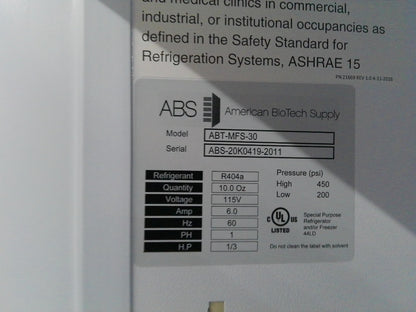 ABS American Biotech Supply -20C Laboratory Freezer 30Cf 120v FULLY TESTED 2011