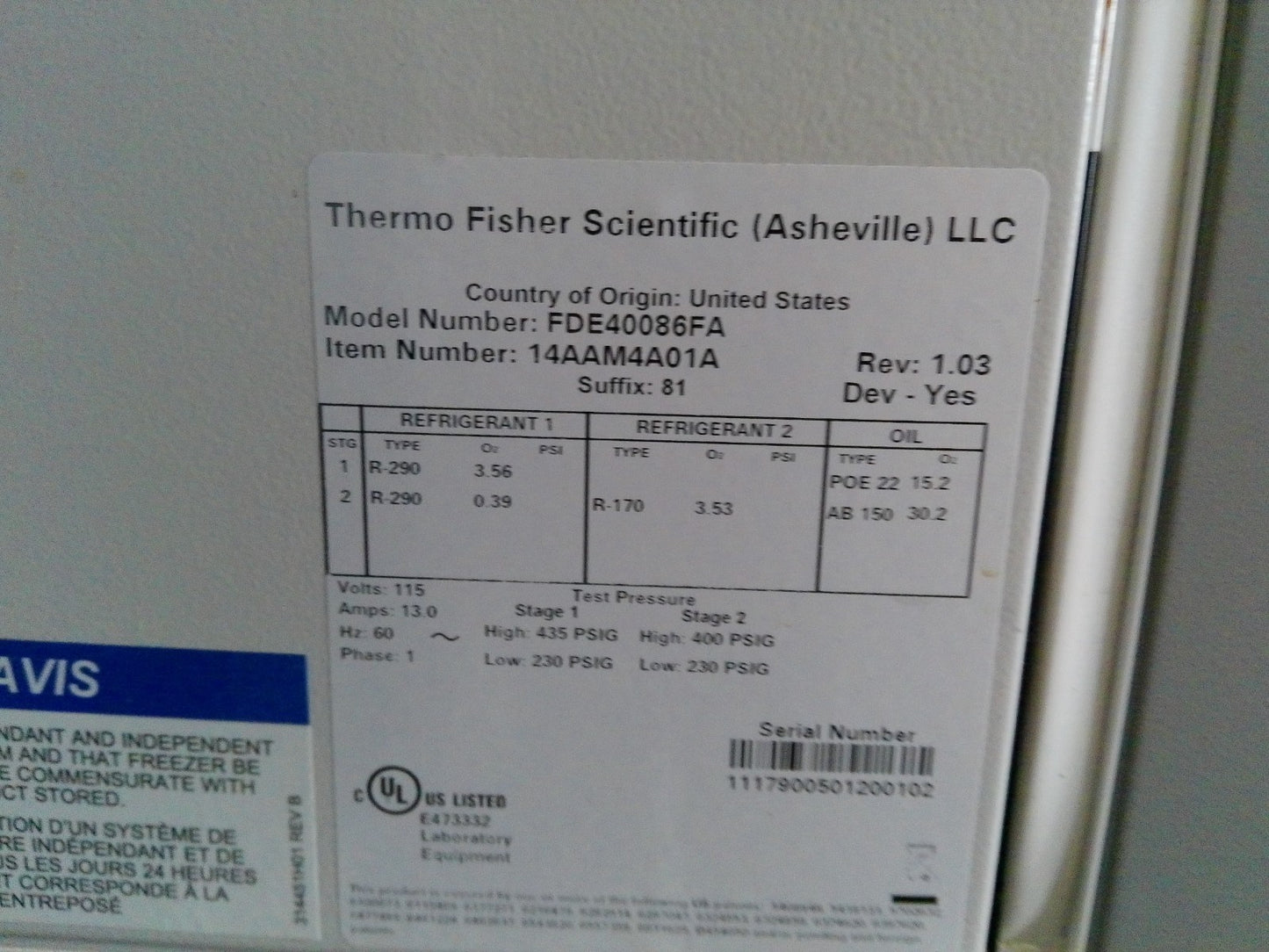 Thermo Scientific FDE40086FA -86C Ultra Low Freezer 19.4Cf 120v FULLY TESTED