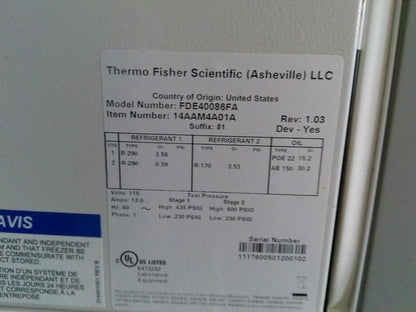 Thermo Scientific FDE40086FA -86C Ultra Low Freezer 19.4Cf 120v FULLY TESTED