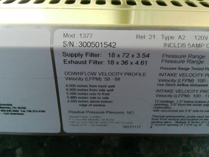 Thermo Scientific 6ft 1377 A2 Biosafety Cabinet w/UV & Stand FULLY TESTED