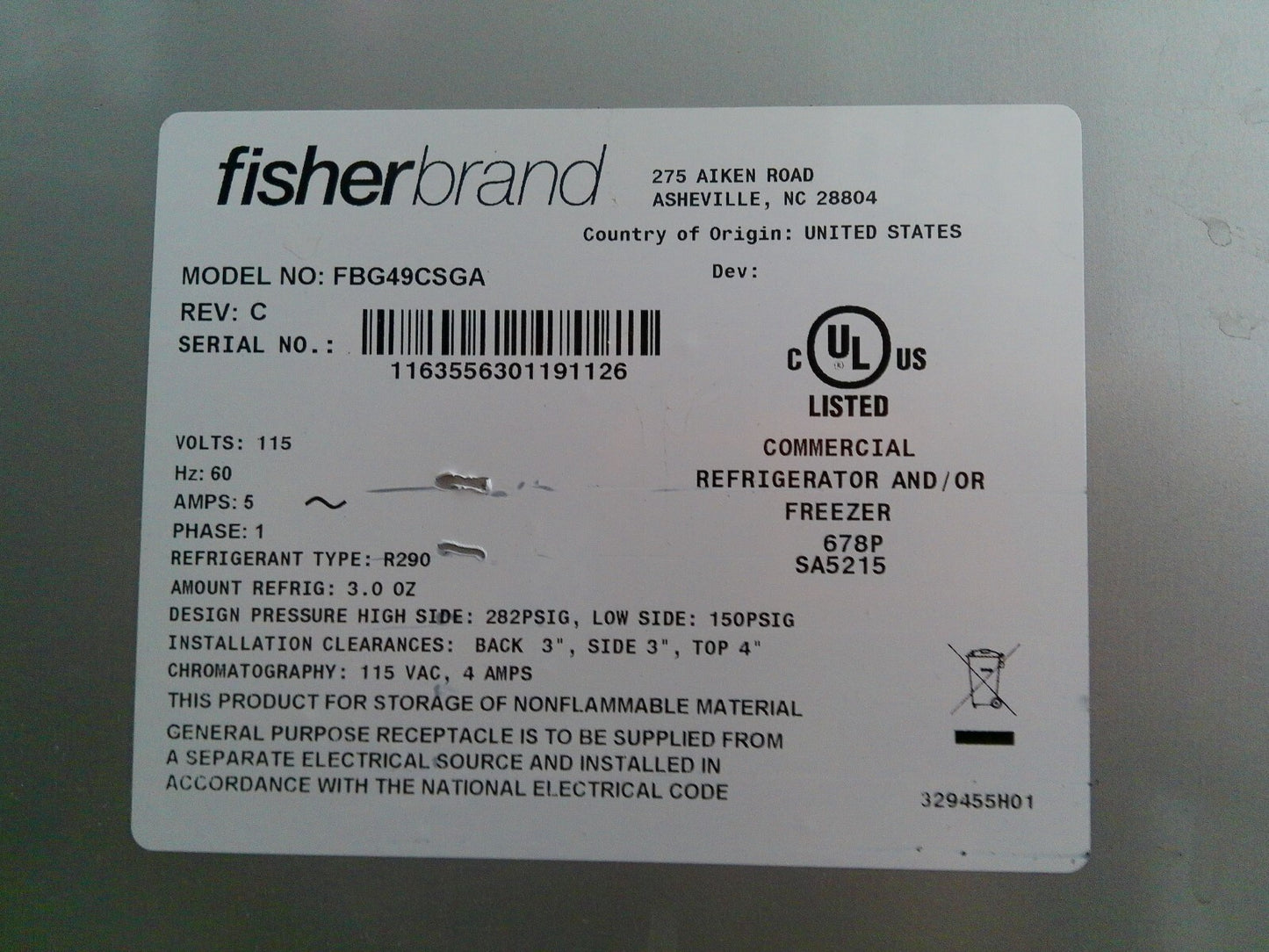 FisherBrand FBG49CSGA Isotemp Glass Double Door Laboratory Refrigerator  49Cf