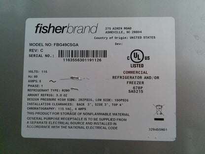 FisherBrand FBG49CSGA Isotemp Glass Double Door Laboratory Refrigerator  49Cf