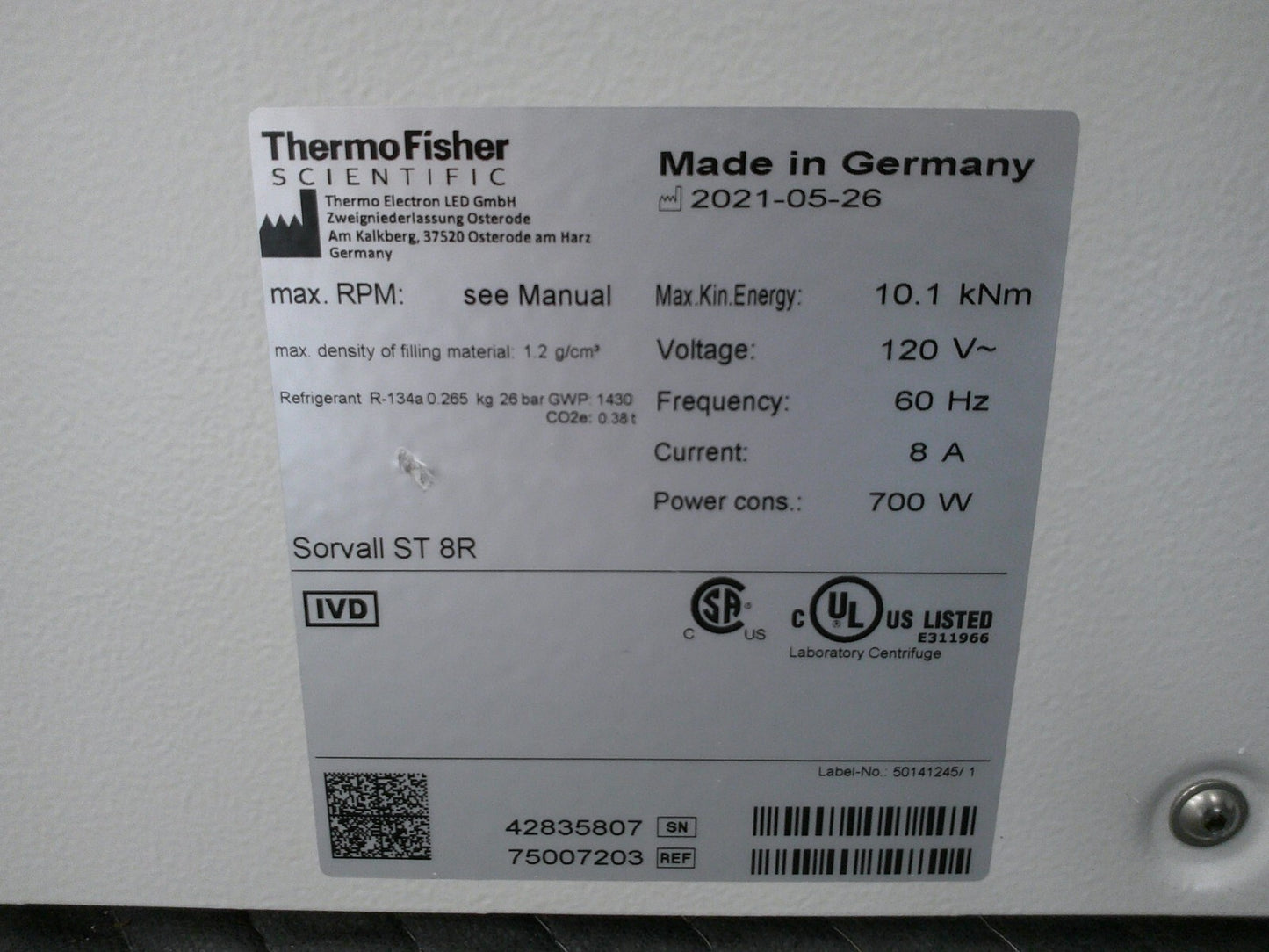 Thermo Sorvall ST 8R Refrigerated Benchtop Centrifuge w/Rotor, Buckets & Inserts